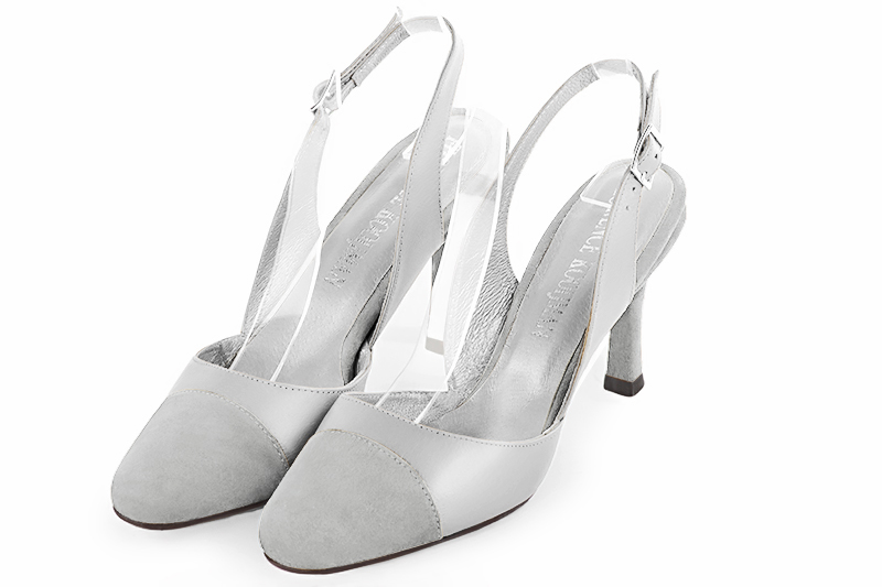 Pearl grey and light silver women's slingback shoes. Round toe. High slim heel. Front view - Florence KOOIJMAN